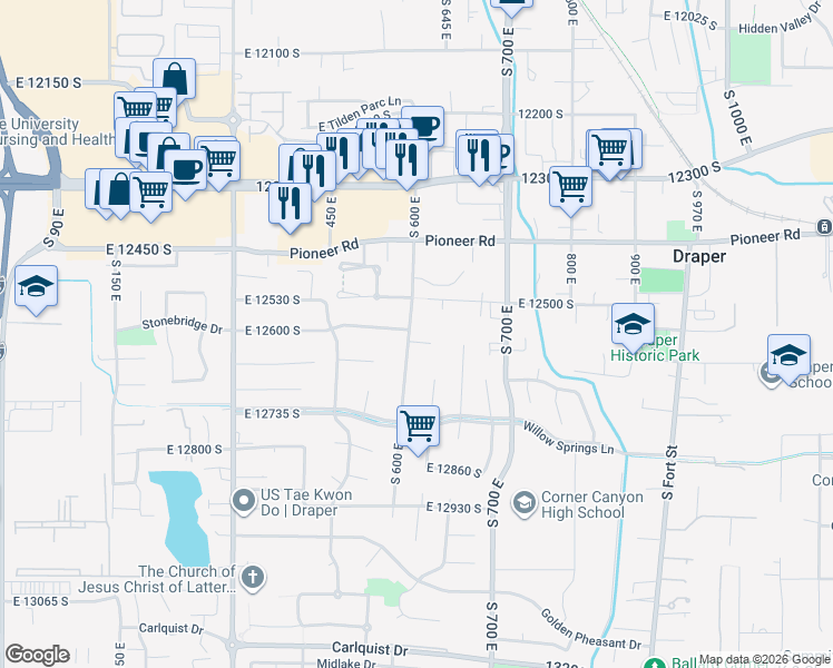 map of restaurants, bars, coffee shops, grocery stores, and more near 12615 South 600 East in Draper