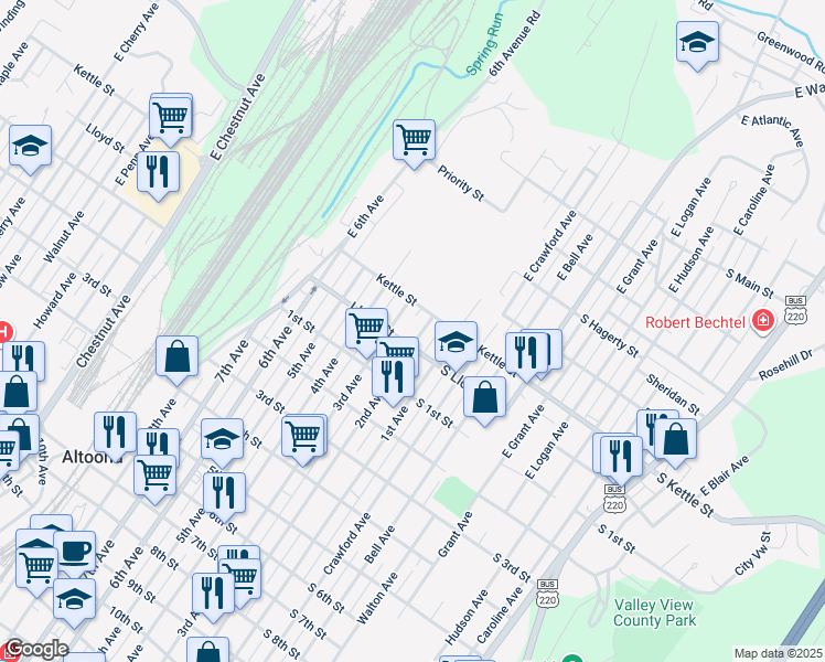 map of restaurants, bars, coffee shops, grocery stores, and more near 208-10 East 2nd Avenue in Altoona