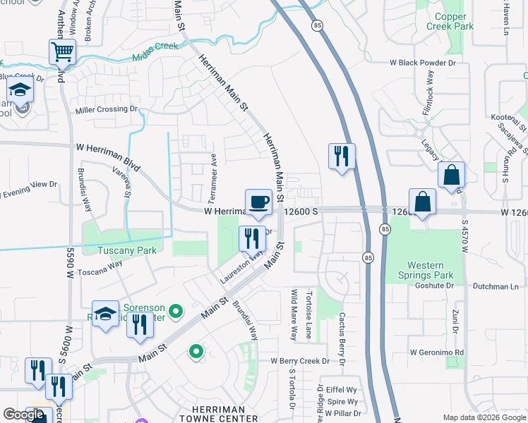 map of restaurants, bars, coffee shops, grocery stores, and more near 5089 West 12600 South in Herriman