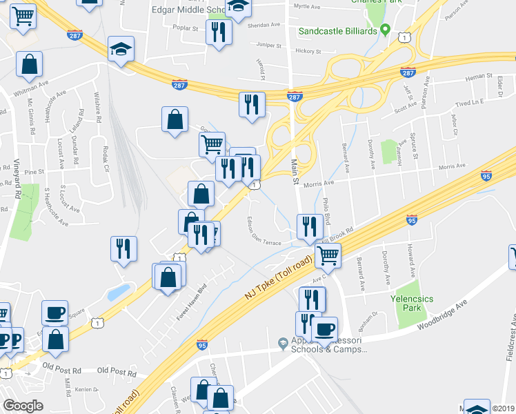 map of restaurants, bars, coffee shops, grocery stores, and more near 308 Edison Glen Terrace in Edison