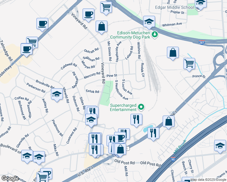 map of restaurants, bars, coffee shops, grocery stores, and more near 3 Laythan Road in Edison