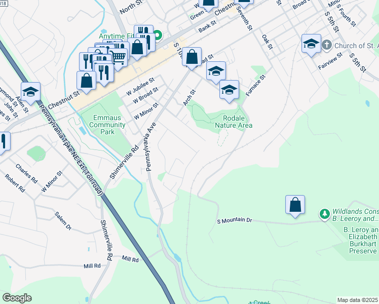 map of restaurants, bars, coffee shops, grocery stores, and more near 372 Delong Avenue in Emmaus