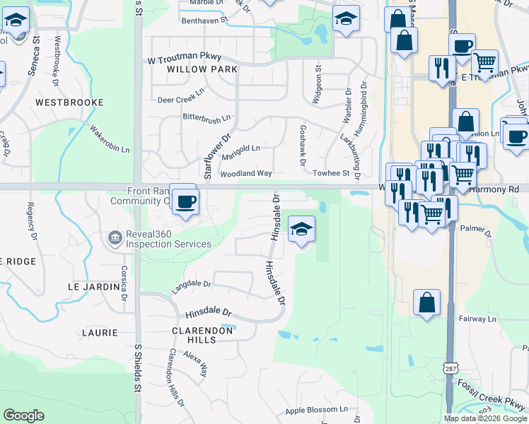 map of restaurants, bars, coffee shops, grocery stores, and more near 712 Stoddard Drive in Fort Collins