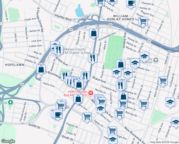 map of restaurants, bars, coffee shops, grocery stores, and more near 530 Brace Avenue in Perth Amboy
