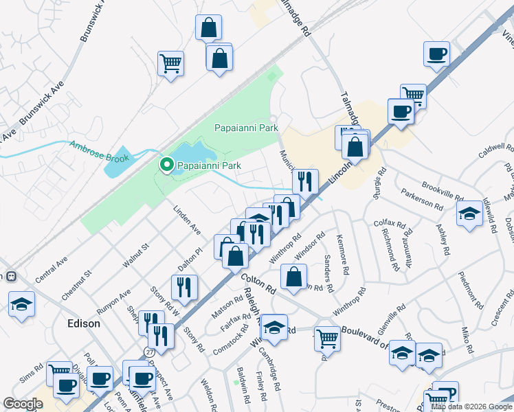 map of restaurants, bars, coffee shops, grocery stores, and more near 222 Orlando Street in Edison
