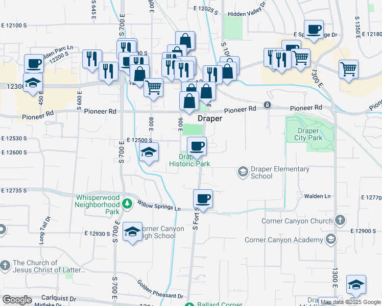 map of restaurants, bars, coffee shops, grocery stores, and more near 920 East 12600 South in Draper