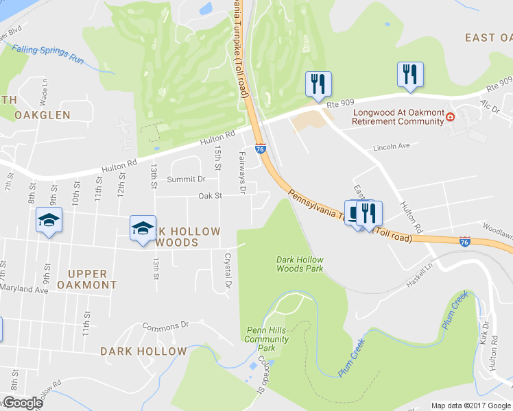 map of restaurants, bars, coffee shops, grocery stores, and more near 1529 Oak Street in Oakmont