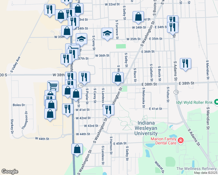 map of restaurants, bars, coffee shops, grocery stores, and more near 3804 South Harmon Street in Marion