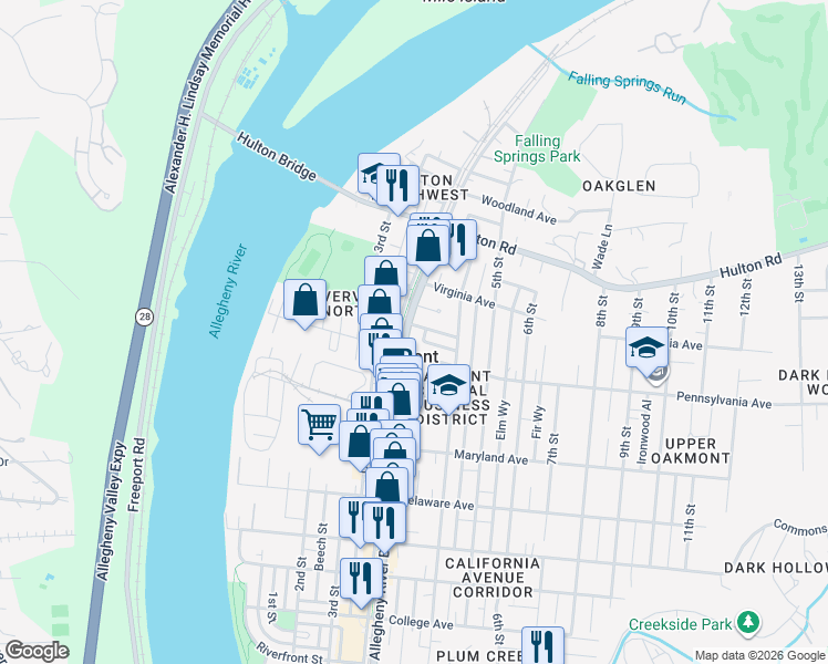 map of restaurants, bars, coffee shops, grocery stores, and more near 716 Allegheny River Boulevard in Oakmont