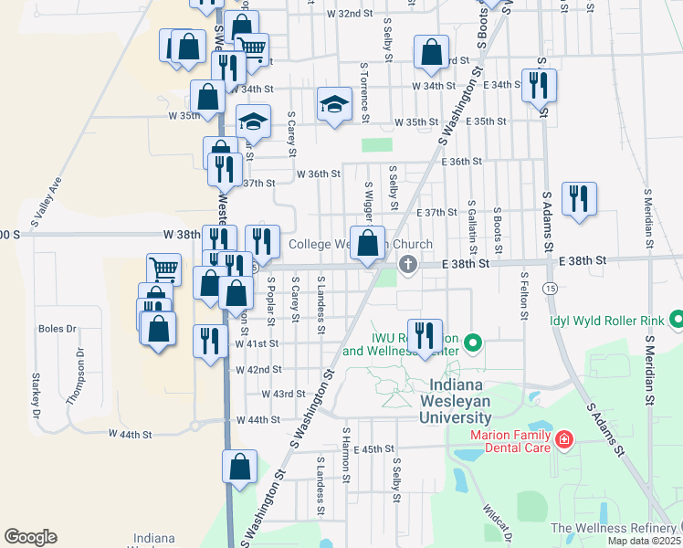 map of restaurants, bars, coffee shops, grocery stores, and more near 3804 South Harmon Street in Marion