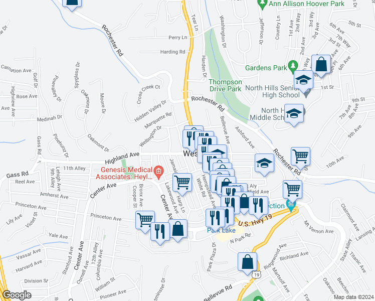 map of restaurants, bars, coffee shops, grocery stores, and more near 214 Highland Avenue in Pittsburgh
