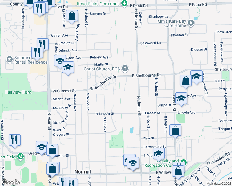 map of restaurants, bars, coffee shops, grocery stores, and more near 904 Charlotte Drive in Normal
