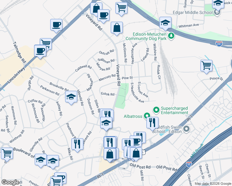 map of restaurants, bars, coffee shops, grocery stores, and more near 1 Estok Road in Edison