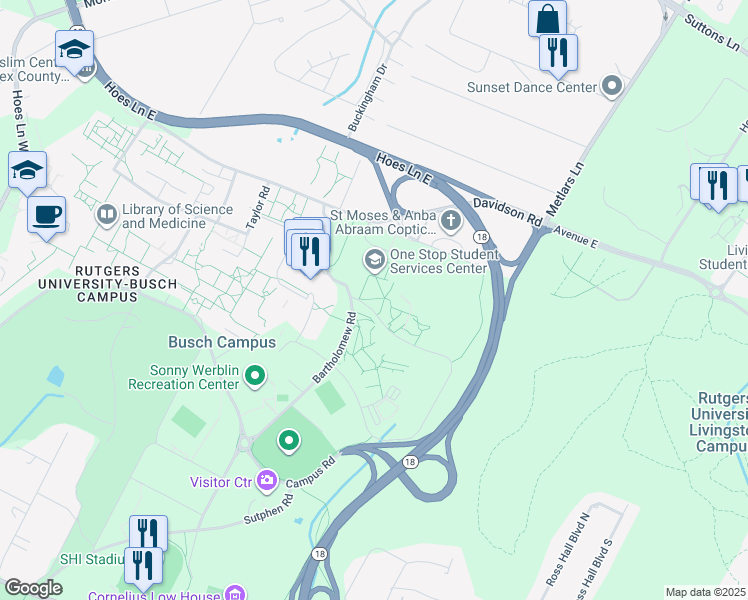 map of restaurants, bars, coffee shops, grocery stores, and more near 58 Bevier Road in Piscataway