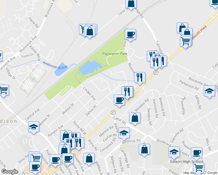 map of restaurants, bars, coffee shops, grocery stores, and more near 5 Elmwood Terrace in Edison