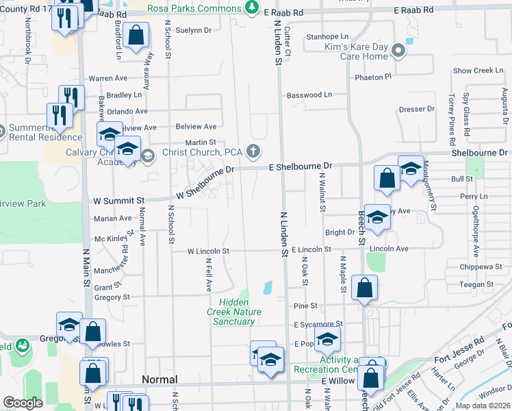 map of restaurants, bars, coffee shops, grocery stores, and more near 1200 Timber Ridge Court in Normal