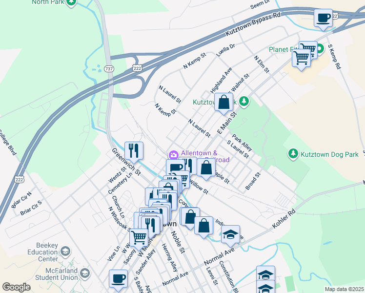 map of restaurants, bars, coffee shops, grocery stores, and more near 111 North Maple Street in Kutztown