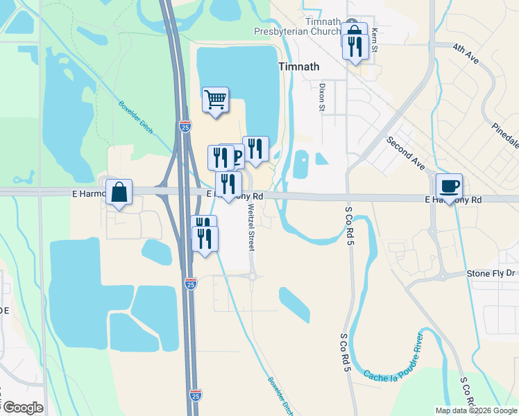 map of restaurants, bars, coffee shops, grocery stores, and more near 4801 East Harmony Road in Fort Collins
