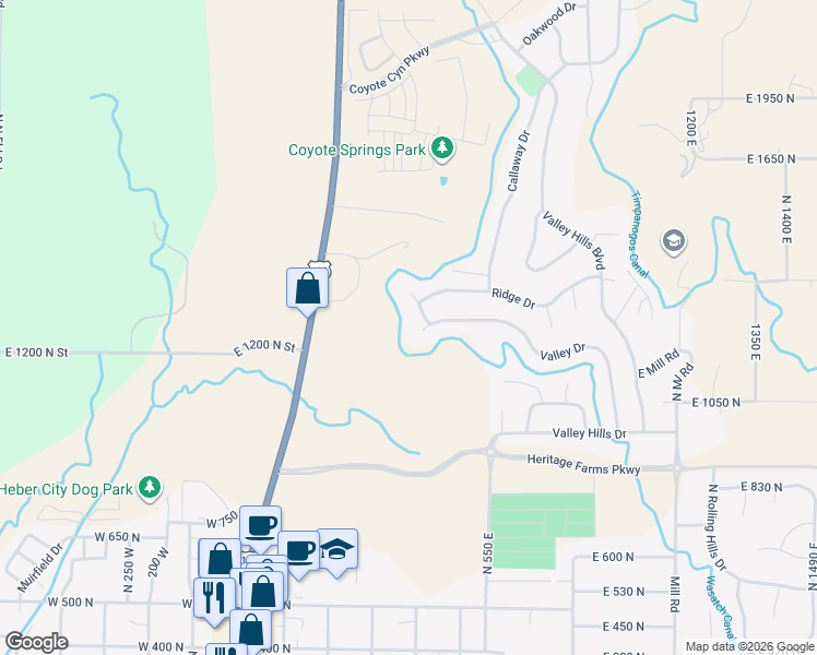map of restaurants, bars, coffee shops, grocery stores, and more near 385 Valley Drive in Heber City