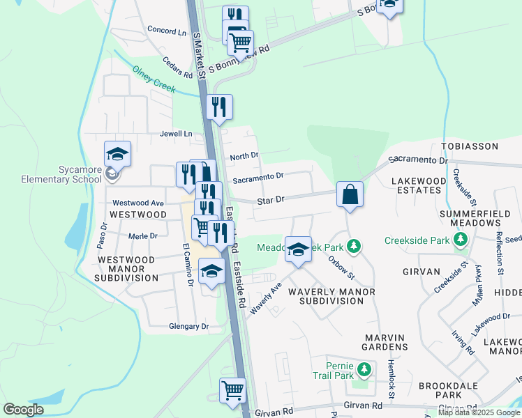 map of restaurants, bars, coffee shops, grocery stores, and more near 6410 Riverway Lane in Redding
