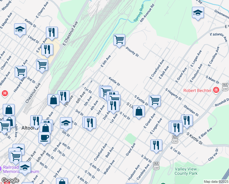 map of restaurants, bars, coffee shops, grocery stores, and more near 208-10 East 2nd Avenue in Altoona