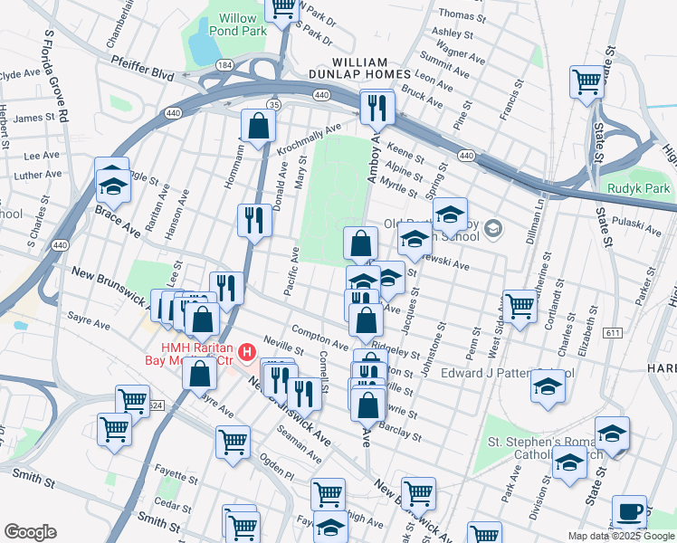 map of restaurants, bars, coffee shops, grocery stores, and more near 652 Cornell Street in Perth Amboy