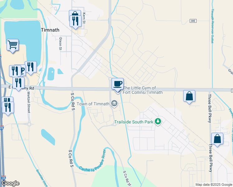 map of restaurants, bars, coffee shops, grocery stores, and more near 4600 East Harmony Road in Fort Collins