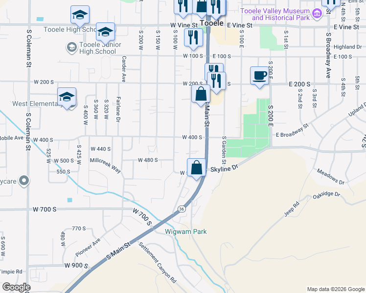 map of restaurants, bars, coffee shops, grocery stores, and more near 55 West 400 South in Tooele
