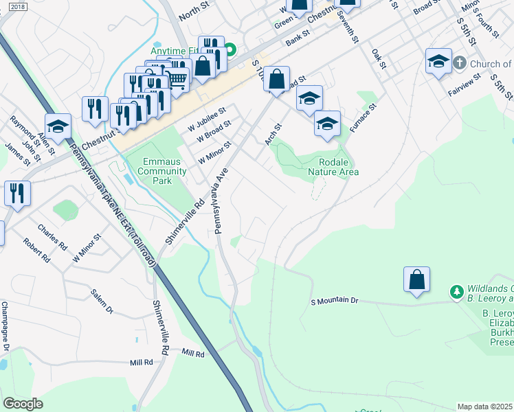 map of restaurants, bars, coffee shops, grocery stores, and more near 344 Delong Avenue in Emmaus