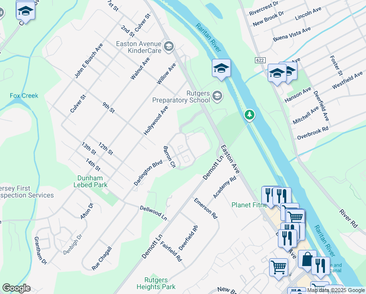 map of restaurants, bars, coffee shops, grocery stores, and more near Cumberland Court in Franklin Township