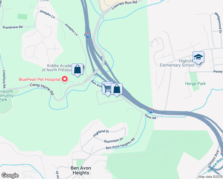 map of restaurants, bars, coffee shops, grocery stores, and more near 132 Ben Avon Heights Road in Pittsburgh