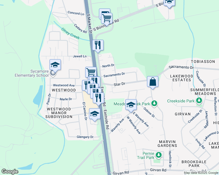map of restaurants, bars, coffee shops, grocery stores, and more near 6410 Riverway Lane in Redding