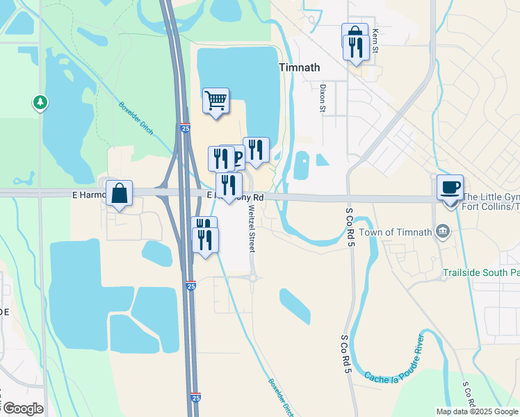 map of restaurants, bars, coffee shops, grocery stores, and more near 4801 East Harmony Road in Fort Collins