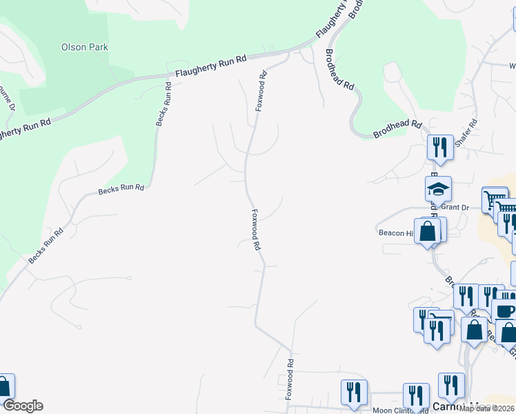 map of restaurants, bars, coffee shops, grocery stores, and more near 227 Foxwood Road in Carnot-Moon