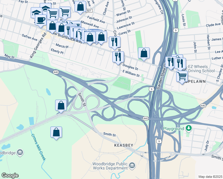 map of restaurants, bars, coffee shops, grocery stores, and more near 266 Crows Mill Road in Woodbridge Township
