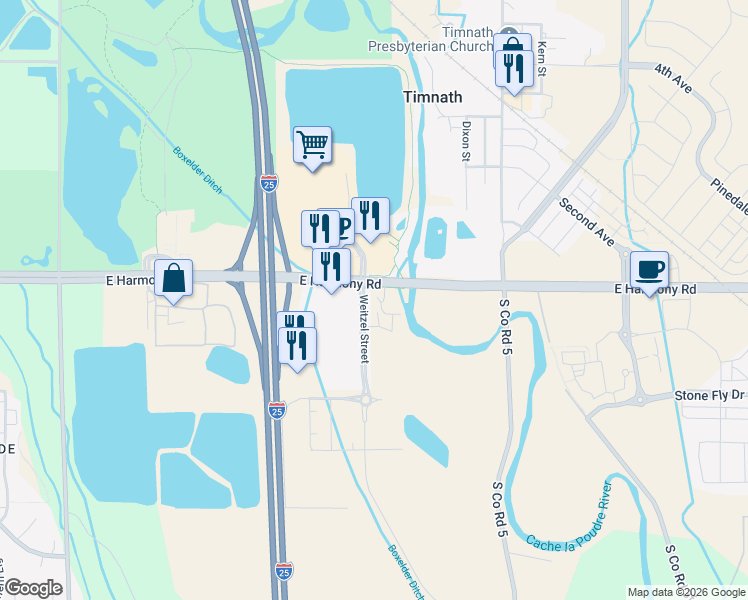 map of restaurants, bars, coffee shops, grocery stores, and more near 4799 East Harmony Road in Fort Collins