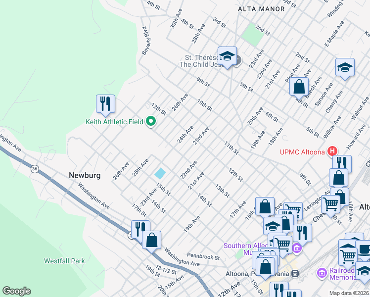 map of restaurants, bars, coffee shops, grocery stores, and more near 1222 23rd Avenue in Altoona