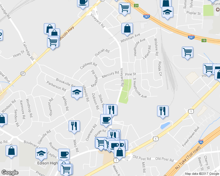 map of restaurants, bars, coffee shops, grocery stores, and more near 11 Estok Road in Edison