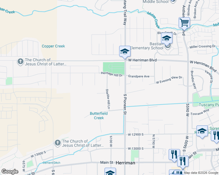 map of restaurants, bars, coffee shops, grocery stores, and more near 12587 Starlite Hill Lane in Herriman