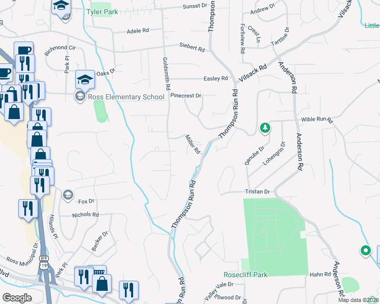 map of restaurants, bars, coffee shops, grocery stores, and more near 102 Gail Drive in Pittsburgh