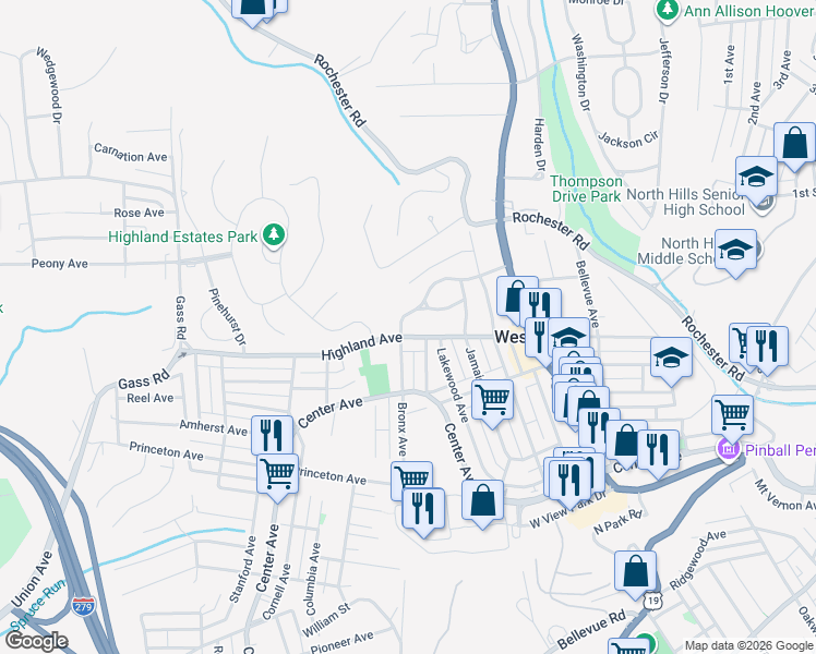 map of restaurants, bars, coffee shops, grocery stores, and more near 270 Highland Avenue in Pittsburgh
