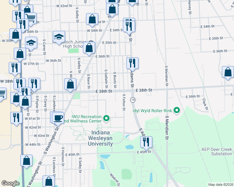 map of restaurants, bars, coffee shops, grocery stores, and more near 3811 South Boots Street in Marion