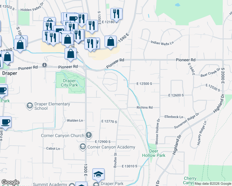 map of restaurants, bars, coffee shops, grocery stores, and more near 1448 Blacksmith Ln in Draper