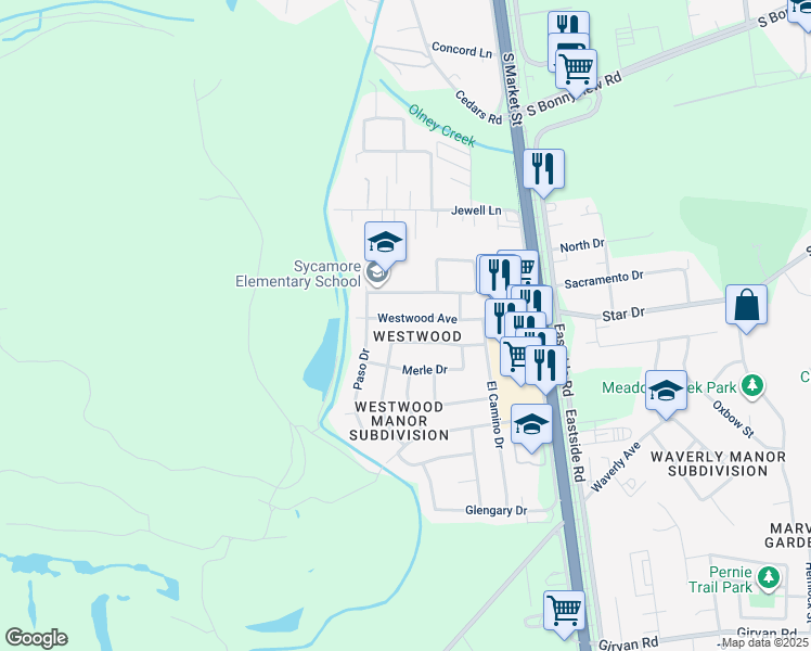 map of restaurants, bars, coffee shops, grocery stores, and more near 1997 Westwood Avenue in Redding