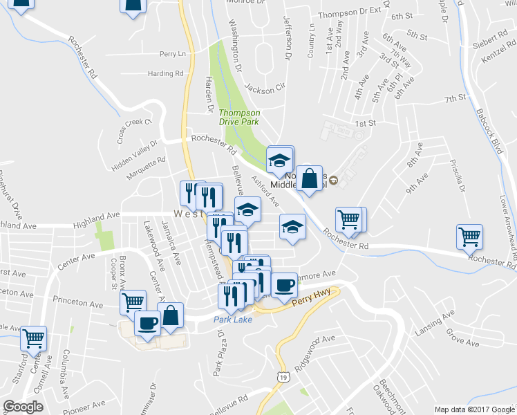 map of restaurants, bars, coffee shops, grocery stores, and more near 130 Highland Ave in Pittsburgh