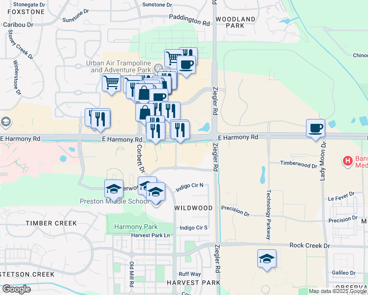 map of restaurants, bars, coffee shops, grocery stores, and more near 3003 East Harmony Road in Fort Collins