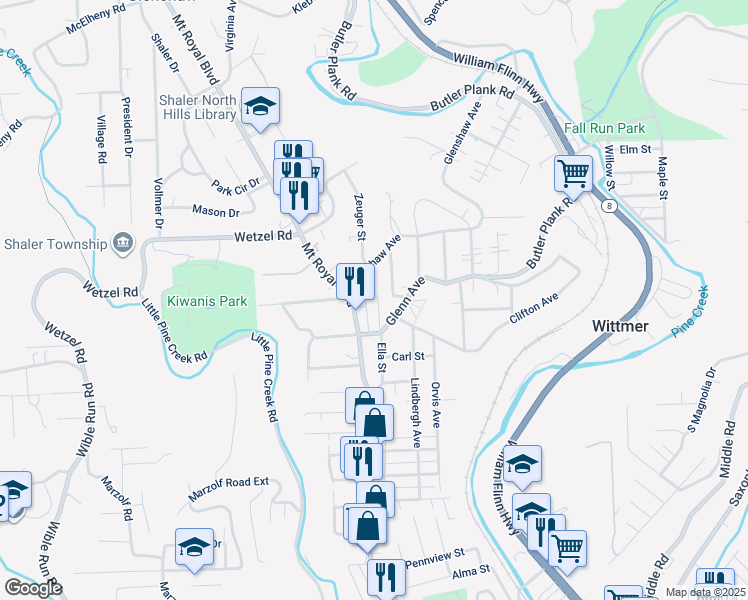 map of restaurants, bars, coffee shops, grocery stores, and more near 1415 Ella Street in Glenshaw