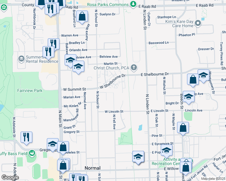 map of restaurants, bars, coffee shops, grocery stores, and more near 200 West Summit Street in Normal