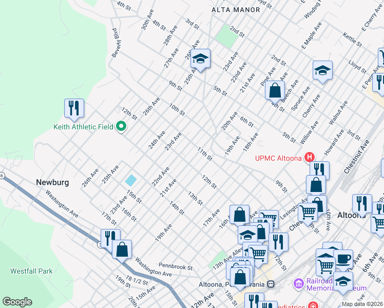 map of restaurants, bars, coffee shops, grocery stores, and more near 1112 21st Ave in Altoona
