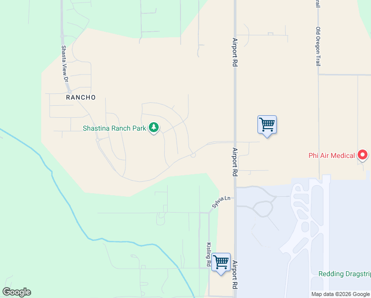 map of restaurants, bars, coffee shops, grocery stores, and more near 3491 Lemurian Road in Redding